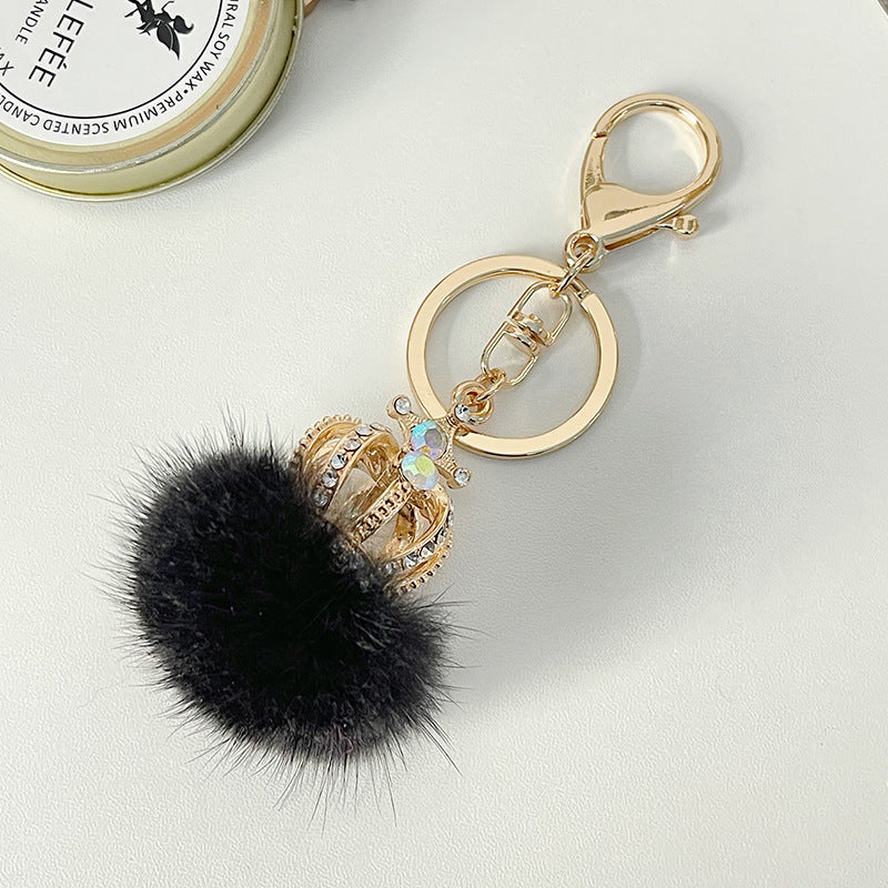 Wholesale Diamond Studded Mink Fur Ball Crown Keychain
